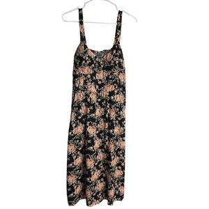 Womens Smocked Babydoll Dress Size S Black Rose Floral Boho Cottagecore Midi